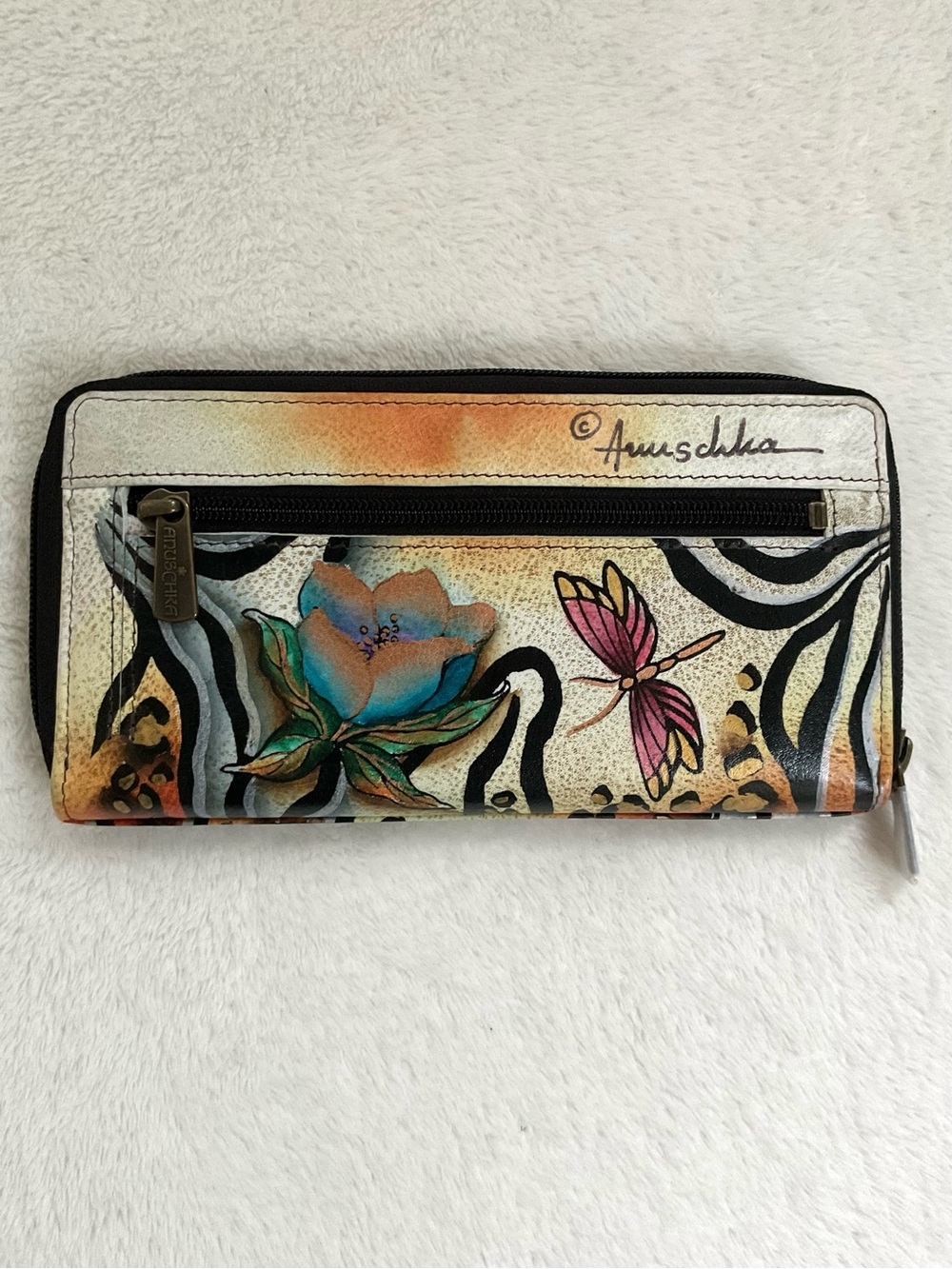 Anuschka Hand Painted Leather Zip Around Wallet Butterfly Floral Zebra Print EUC